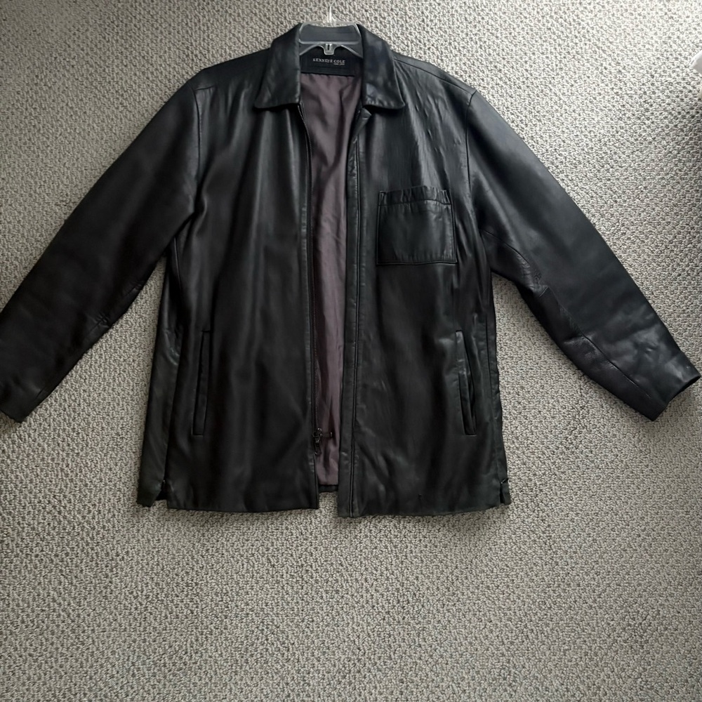 Kenneth Cole men Black Lambskin Soft Leather Jacket S full zipper lined